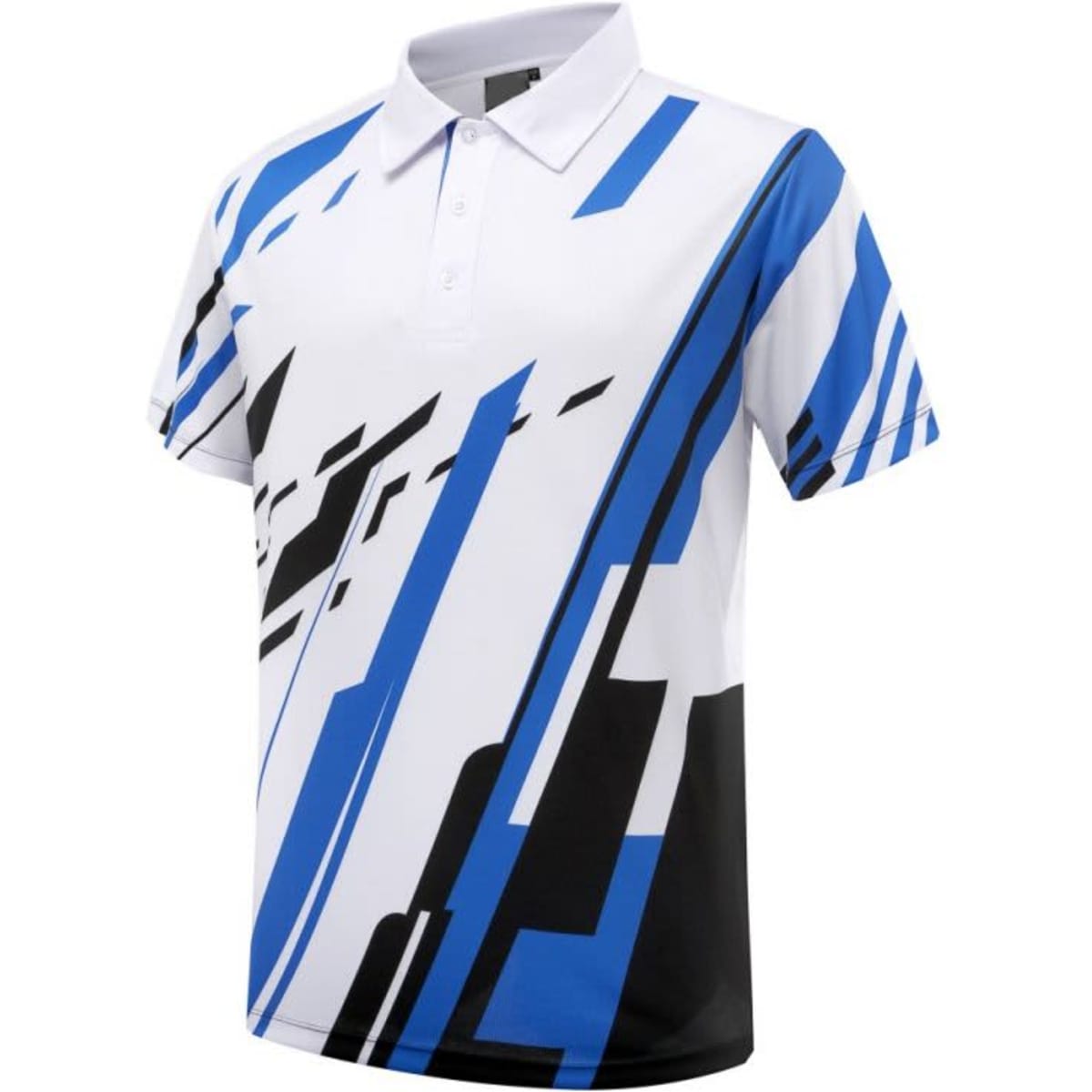 A polo shirt in blue, white, and black featuring a modern, abstract design and a small logo on the chest.