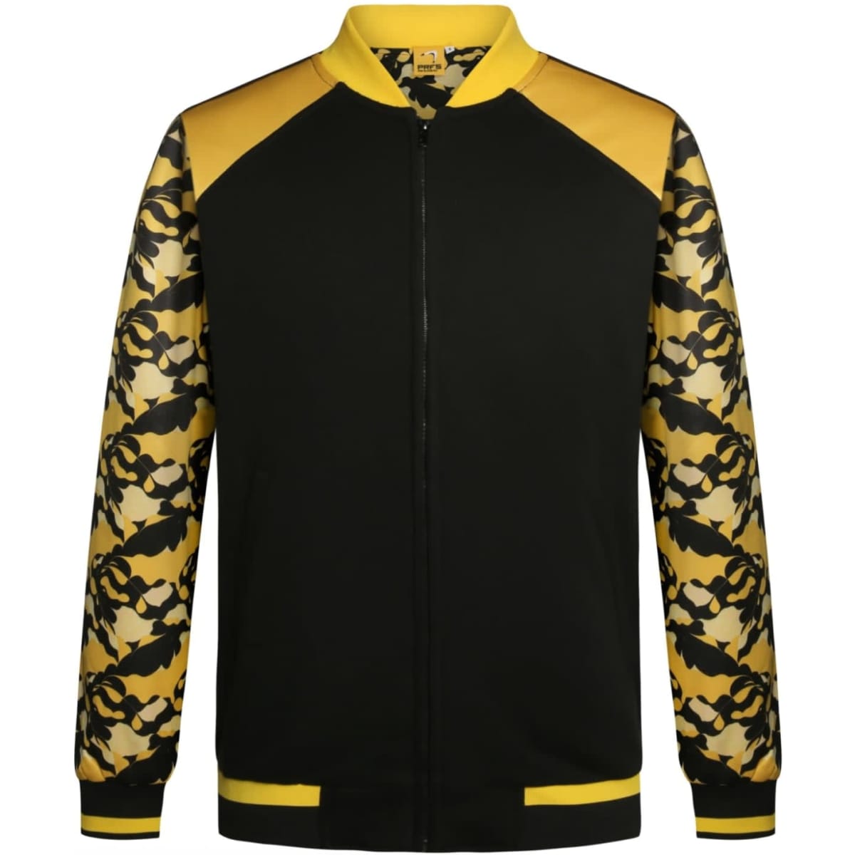 A black jacket with yellow accents and patterned sleeves featuring a camouflage design. It has a zipper and a collar.