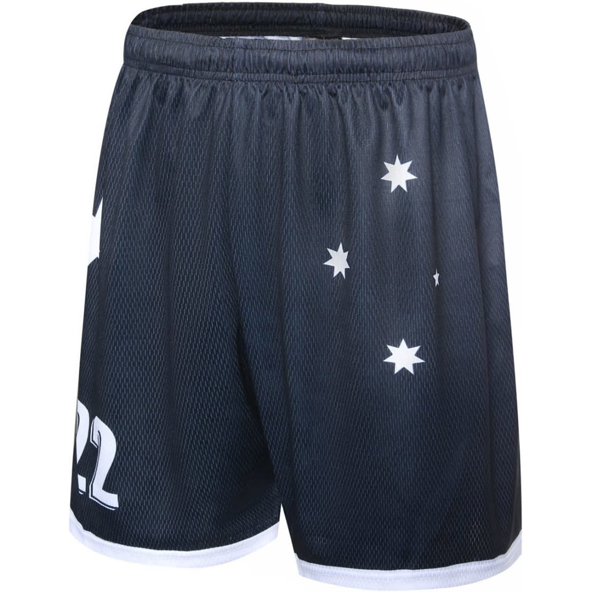 Black soccer shorts featuring white stars and a logo. The fabric is mesh with an athletic cut.