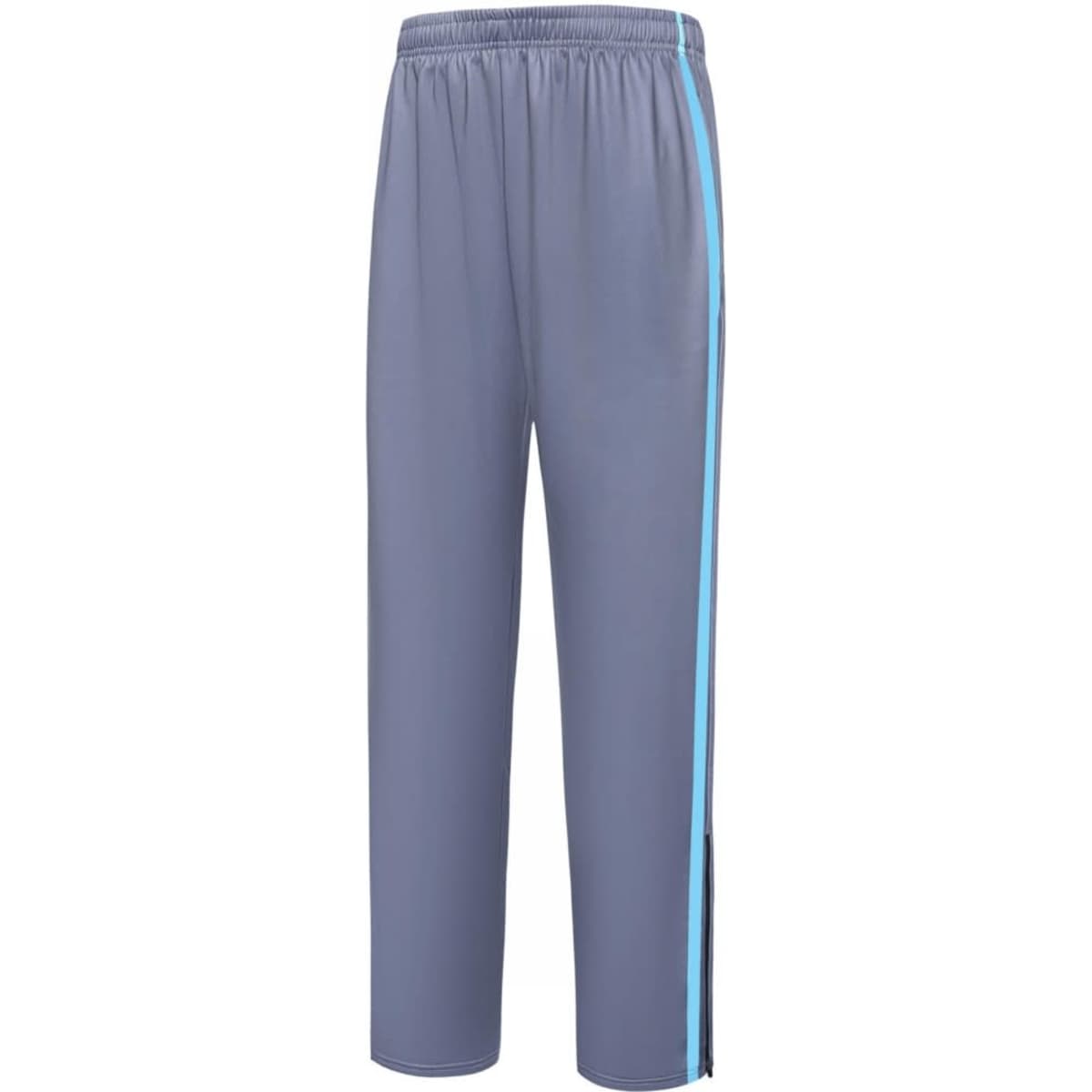Grey training zip pants featuring a blue side stripe and an elastic waistband, suitable for sports uniforms.