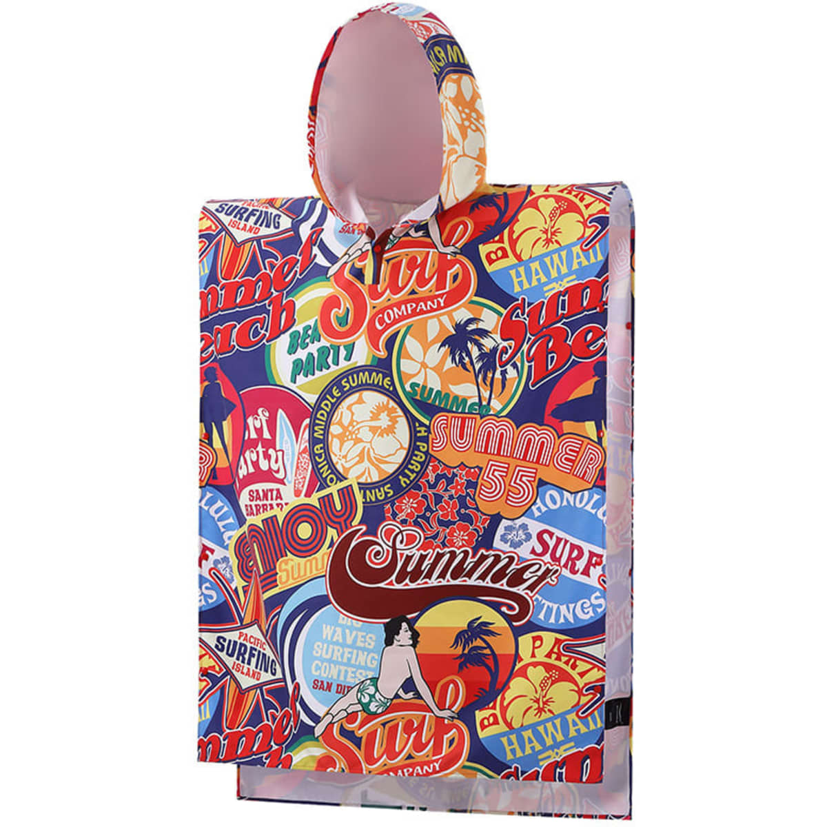 A colourful poncho towel featuring a vibrant summer print, complete with a hood. It has a branded logo.