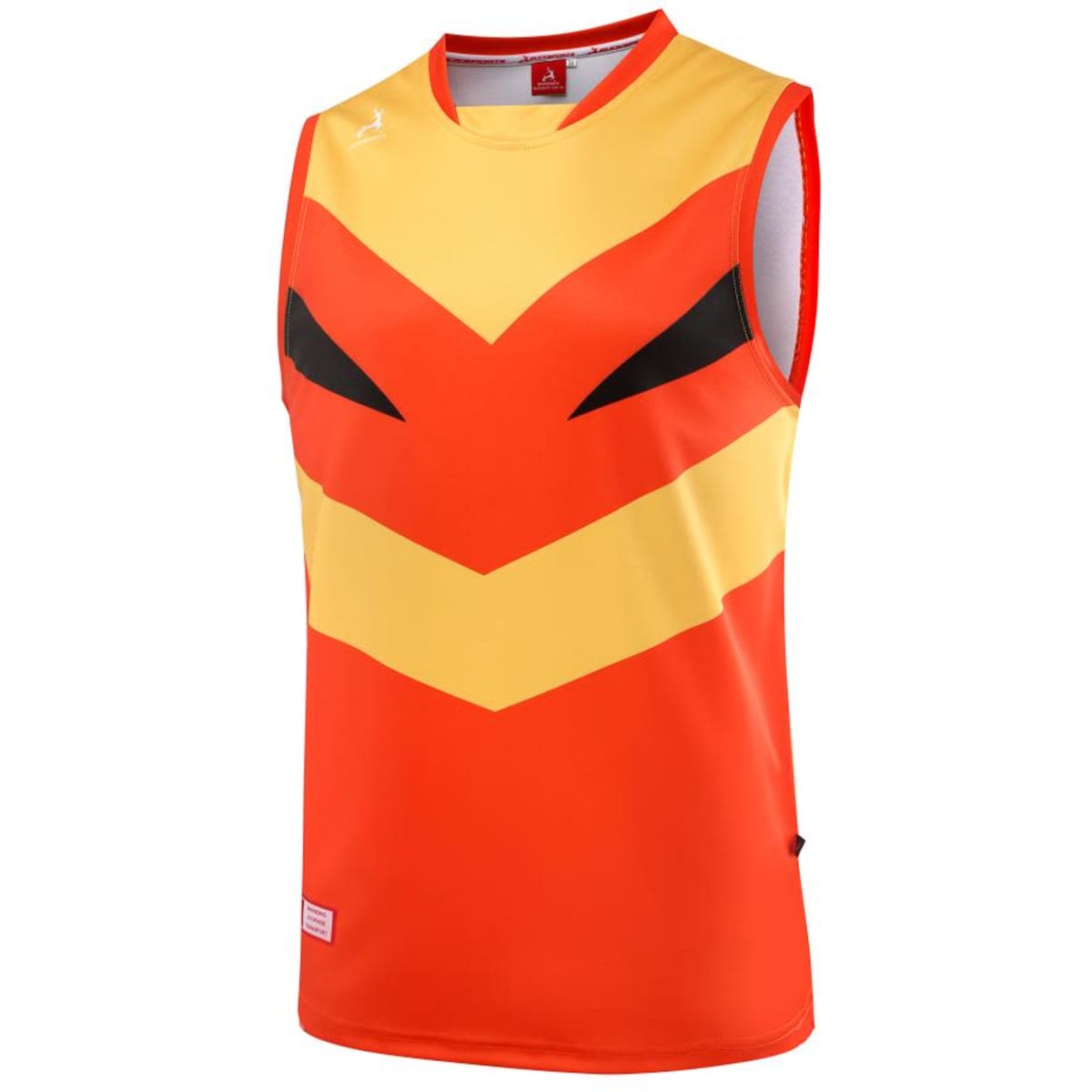 A vibrant red and orange AFL singlet featuring bold black accents and a stylised design. It includes branding details.