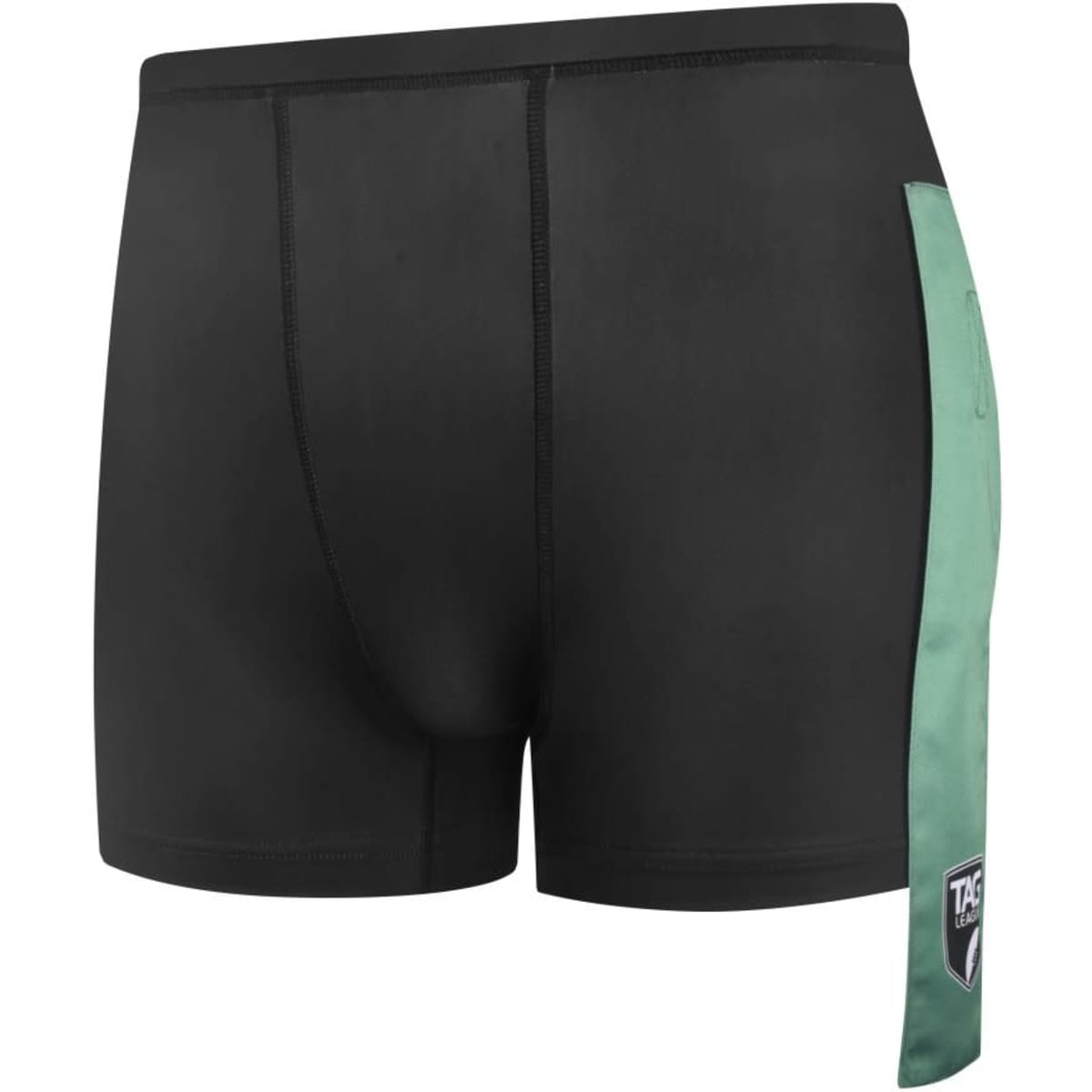 Black shorts with a green accent and a logo on the side. The design features a sleek, minimalist look.