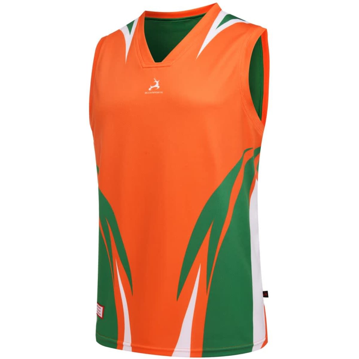 A sleeveless reversible singlet in vibrant orange and green with a logo on the front.