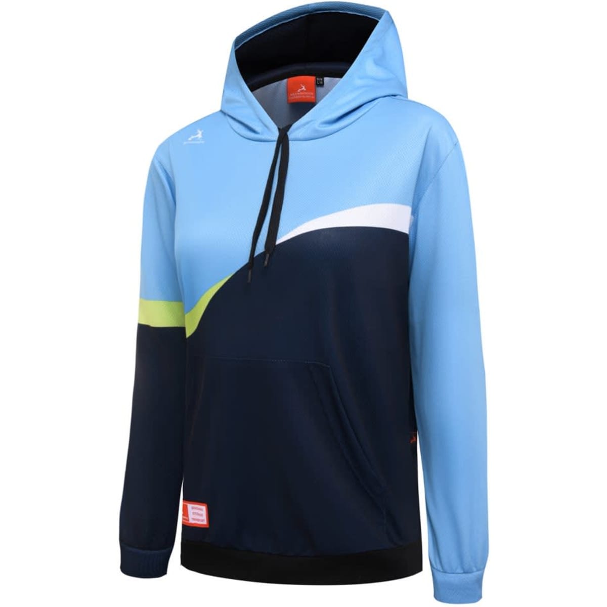 A blue and navy hoodie with a striped design and a front pocket. It features a hood and an emblem.
