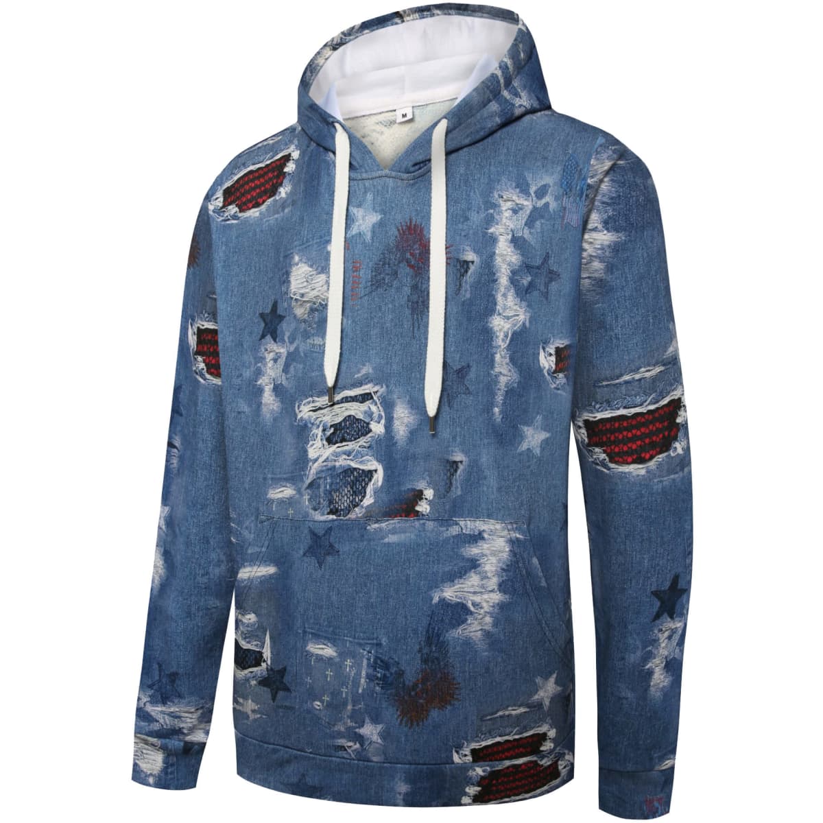 A denim fashion hoodie in various shades of blue, featuring distressed patches and star motifs; includes a logo.