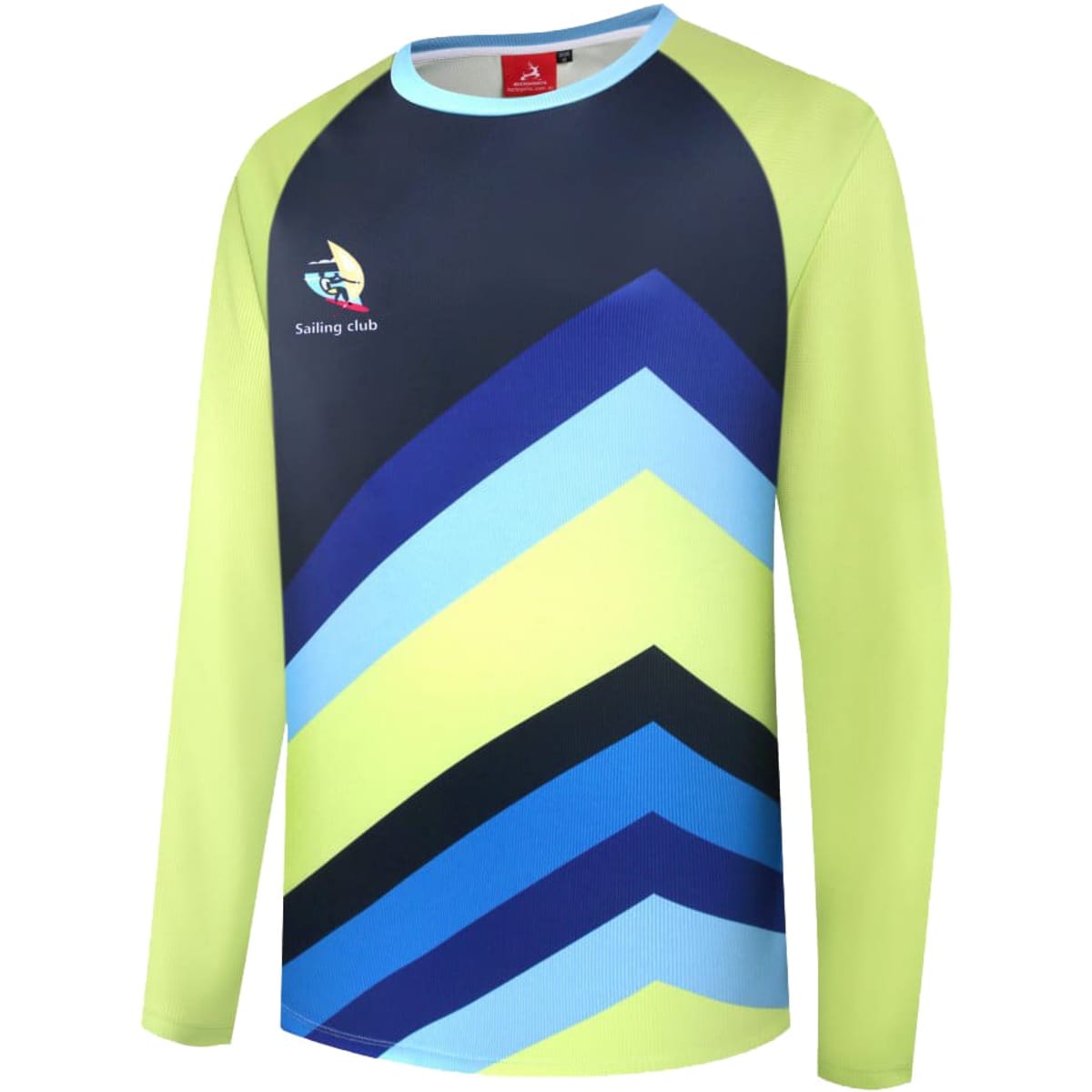 A long-sleeve T-shirt featuring a vibrant blue, green, and yellow chevron design with a logo.