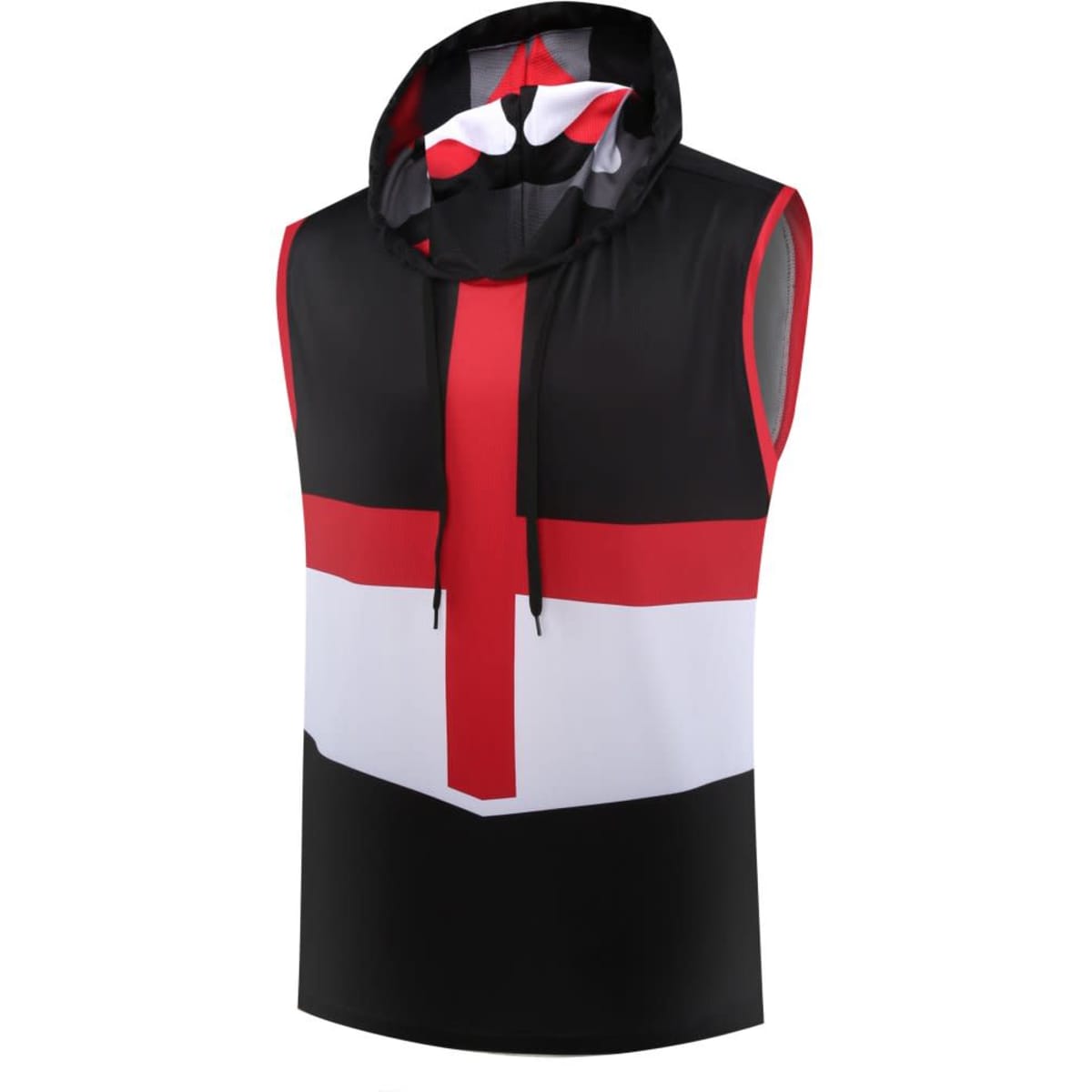 A sleeveless vest hoodie in black, white, and red featuring a prominent cross design and a hood.