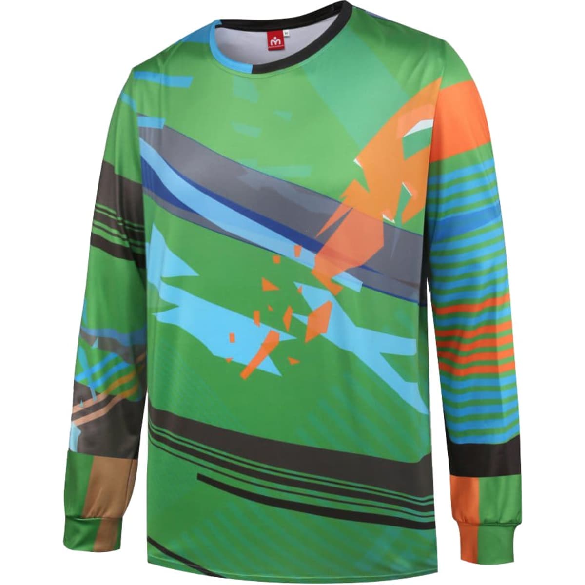 A long sleeve t-shirt in green with abstract patterns in orange, blue, and black, featuring a logo on the chest.