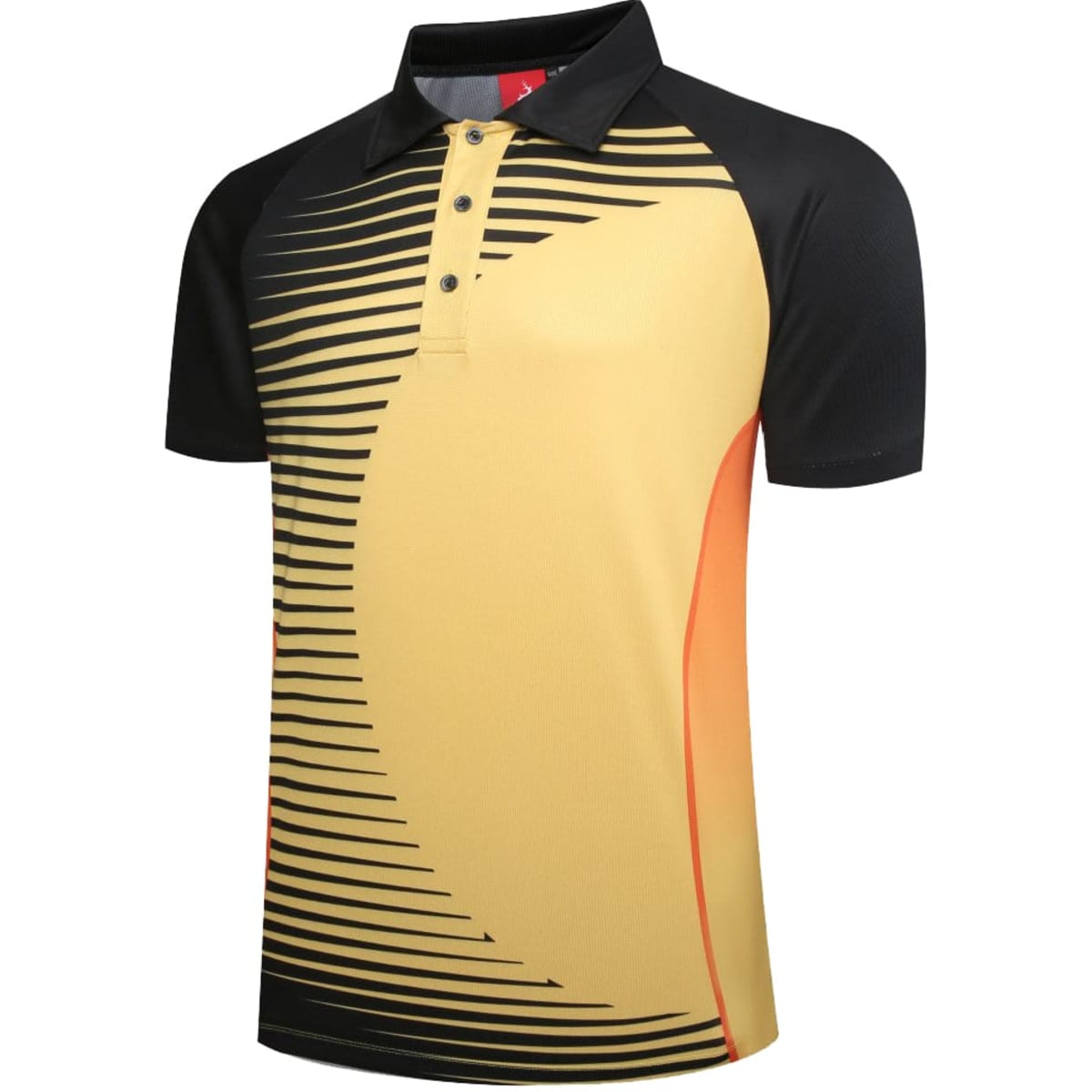A custom club polo featuring a yellow and black design with an orange accent and a logo.