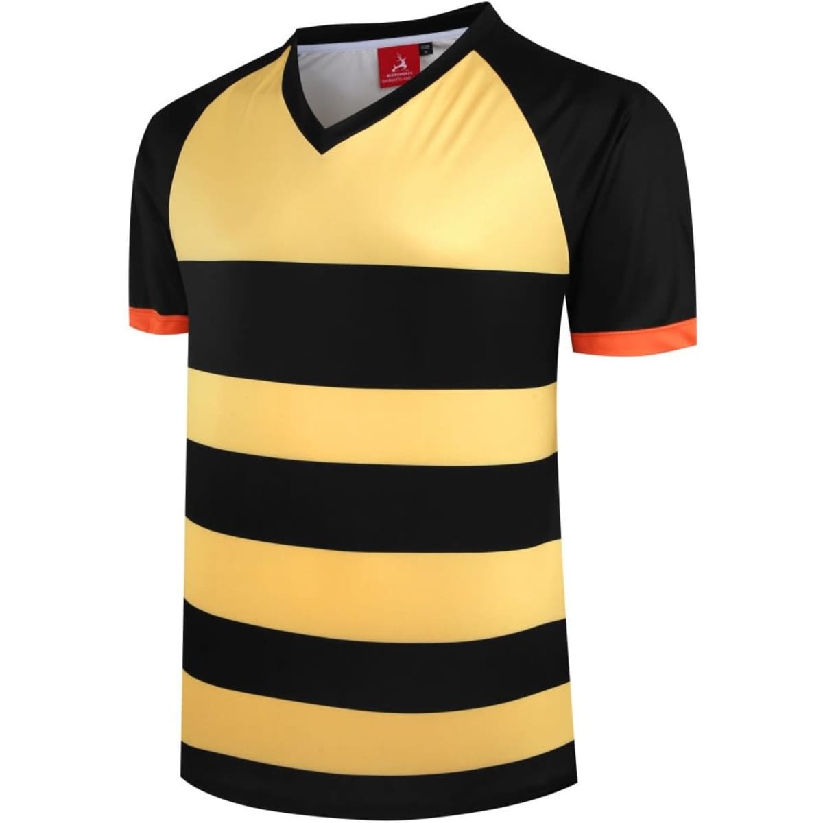 A custom design team t-shirt with black and yellow horizontal stripes, featuring black sleeves and orange accents.