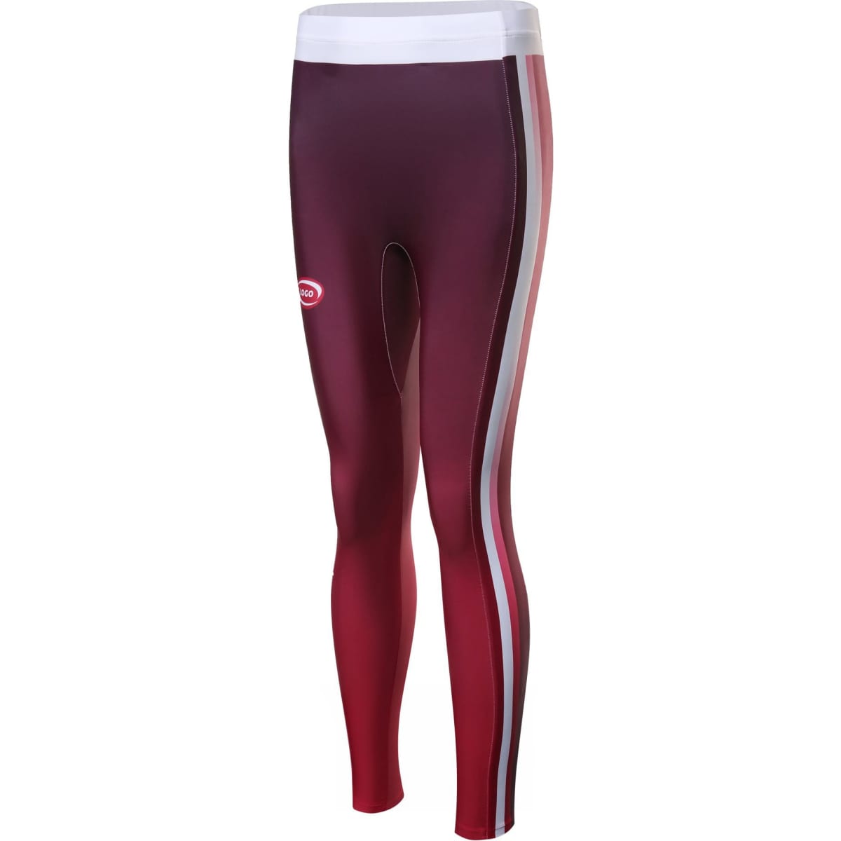 Tight track pants in burgundy with white stripes on the sides. Features a logo.