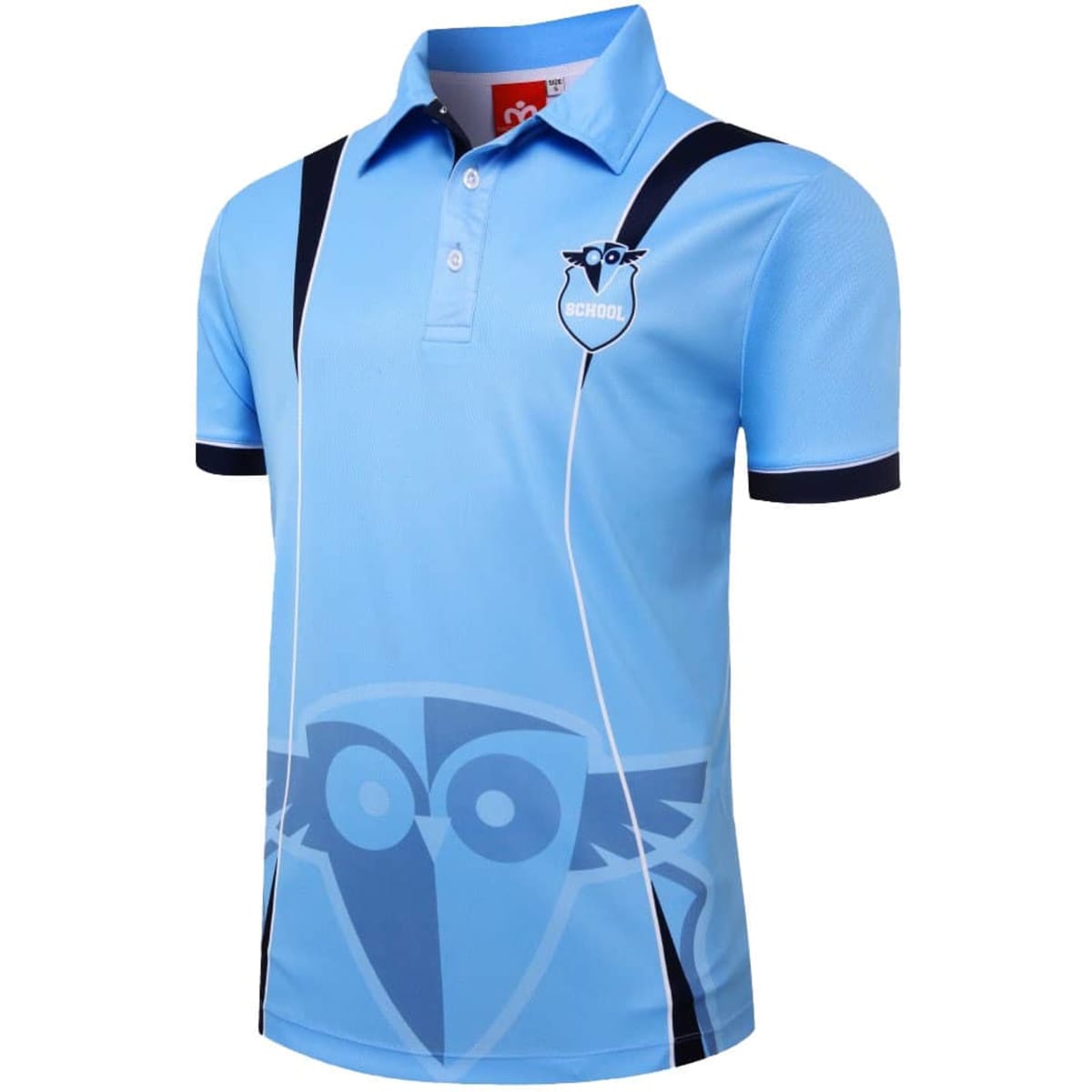A light blue sublimation polo with a logo and design elements. Features a collar and contrasting black stripes.