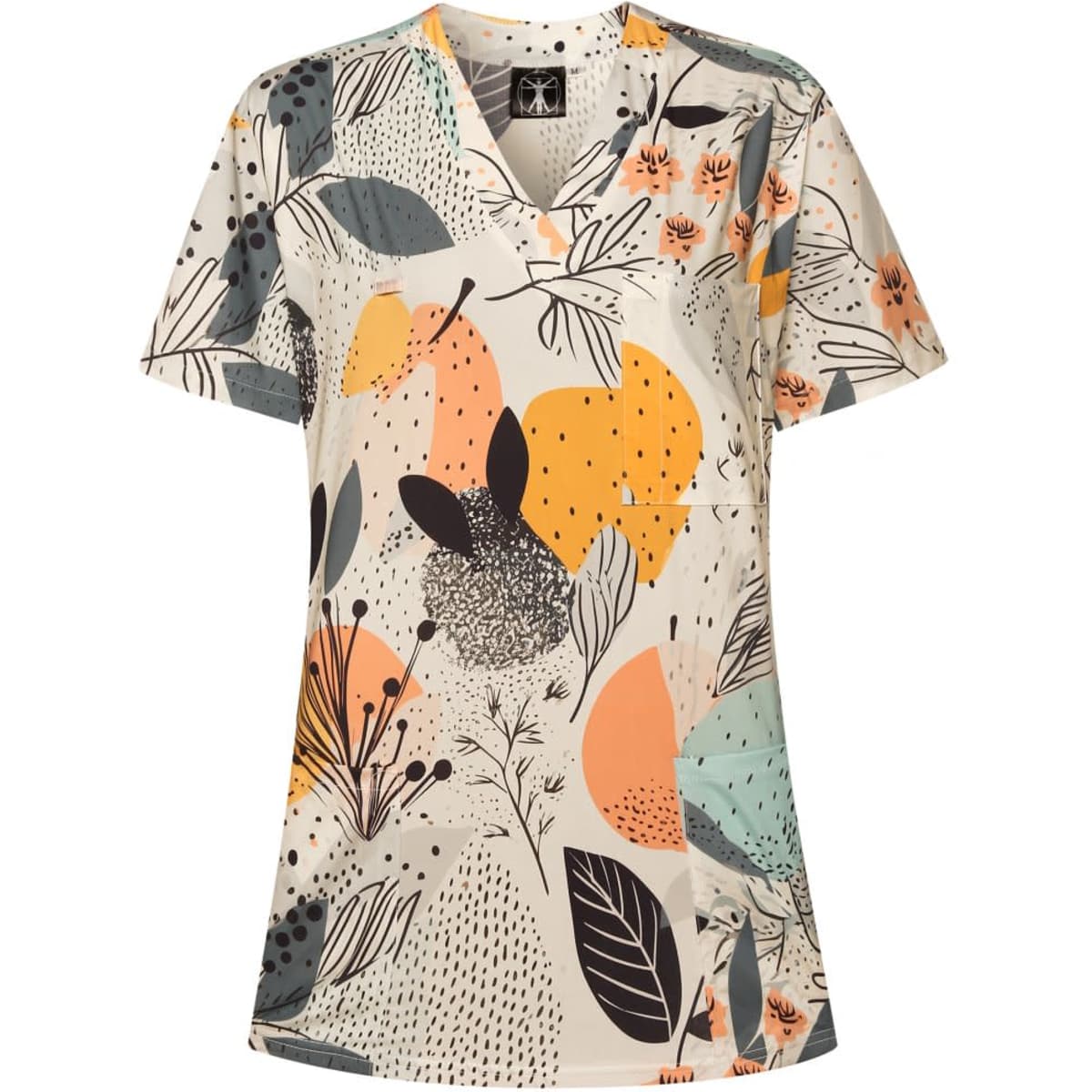 A patterned Hawaiian shirt featuring various leaf and floral designs in pastel colours, with a logo on the label.