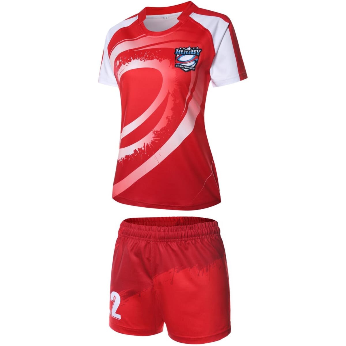 A red rugby uniform featuring a jersey with a white and red design and matching red shorts. It includes a logo.