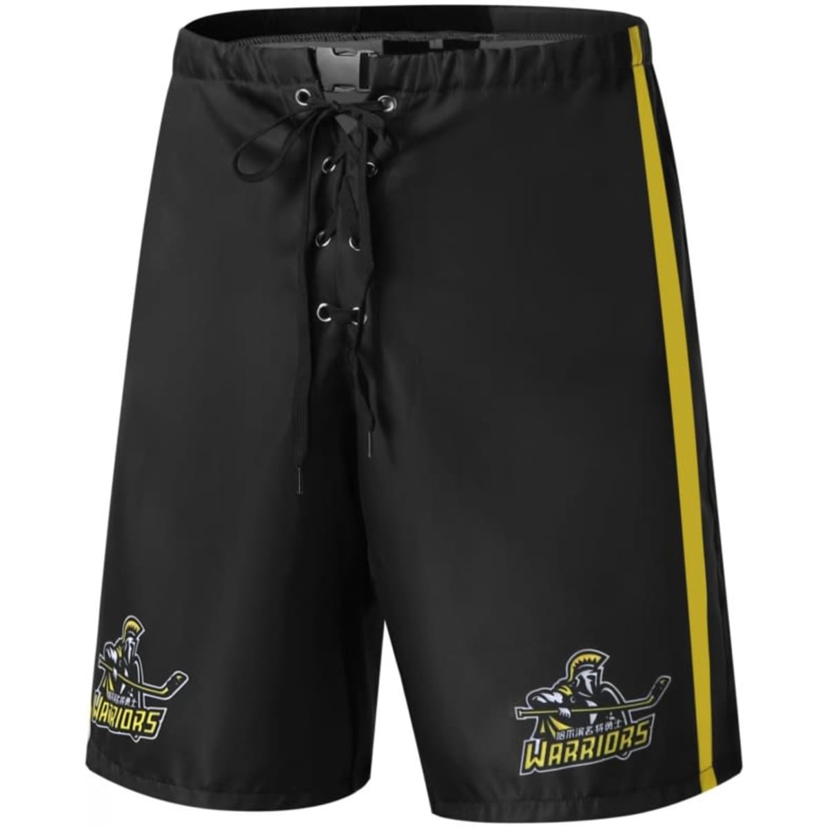 Black ice hockey shorts featuring a yellow side stripe and a logo on the leg.