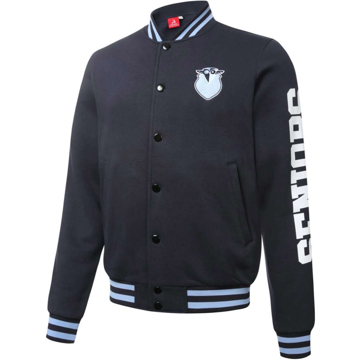 A navy baseball jacket featuring a logo and "SENIORS" text on the sleeve, with blue striped detailing.