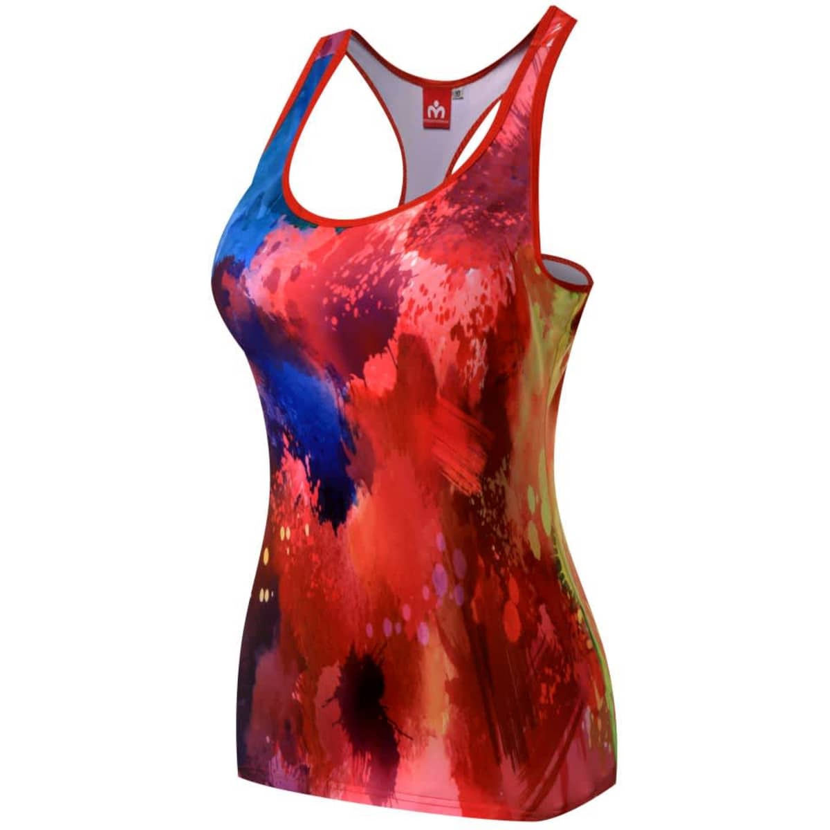 A vibrant fitness singlet in red with a splash of blue and yellow hues. It features a logo on the back.