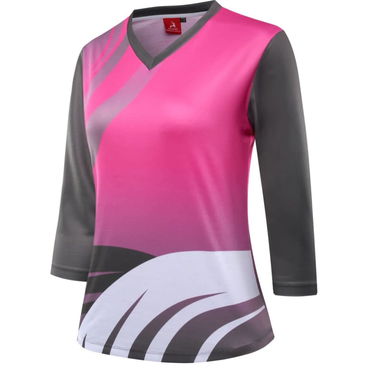 A pink and grey sports team T-shirt featuring a striking design and three-quarter sleeves.