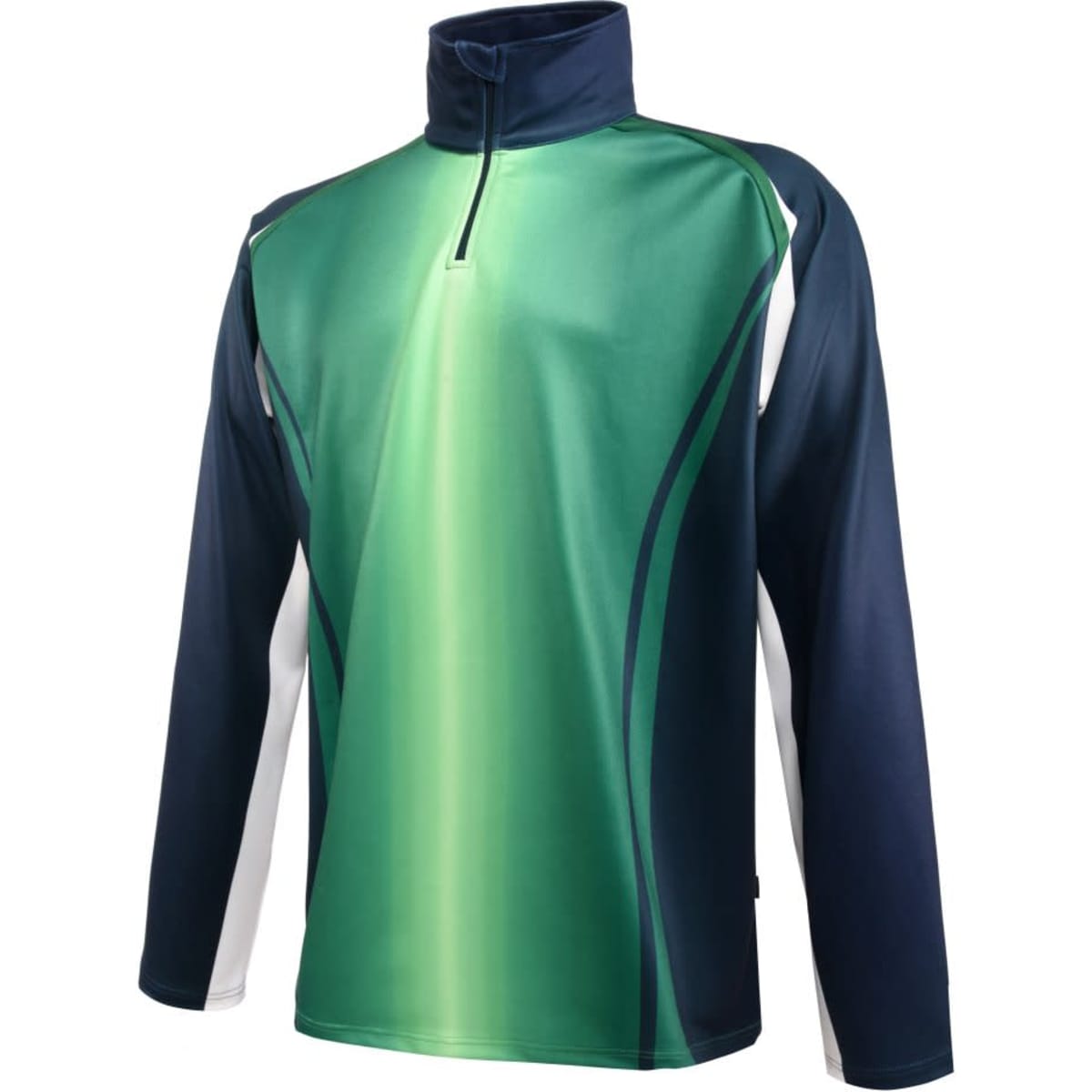 A green and navy sublimated pullover featuring a half zip and contrasting panel design. It has a logo on it.