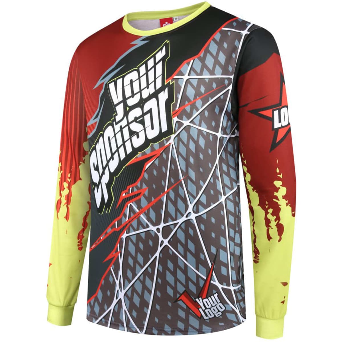 A long-sleeve shirt featuring a vibrant design in red, yellow, and grey with a logo on the front.