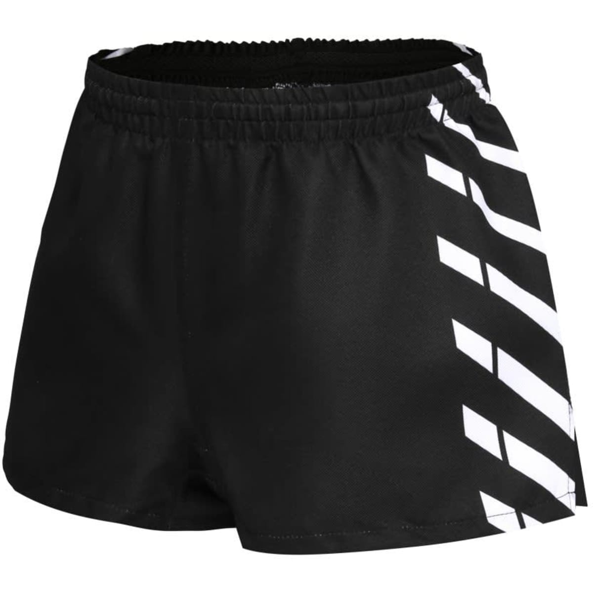 Black football shorts with a white geometric pattern on the side, featuring an elastic waistband and a branded logo.