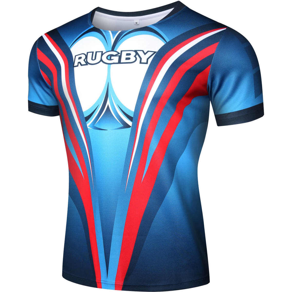 A rugby uniform top for men, featuring a blue base with red and white stripes and a logo.