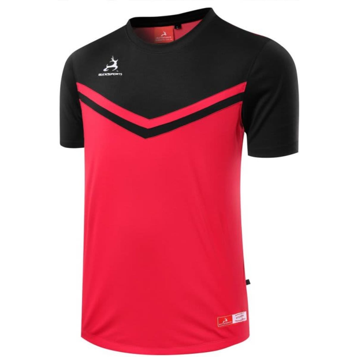 A red and black sport T-shirt featuring a chevron design and branding logo on the chest.