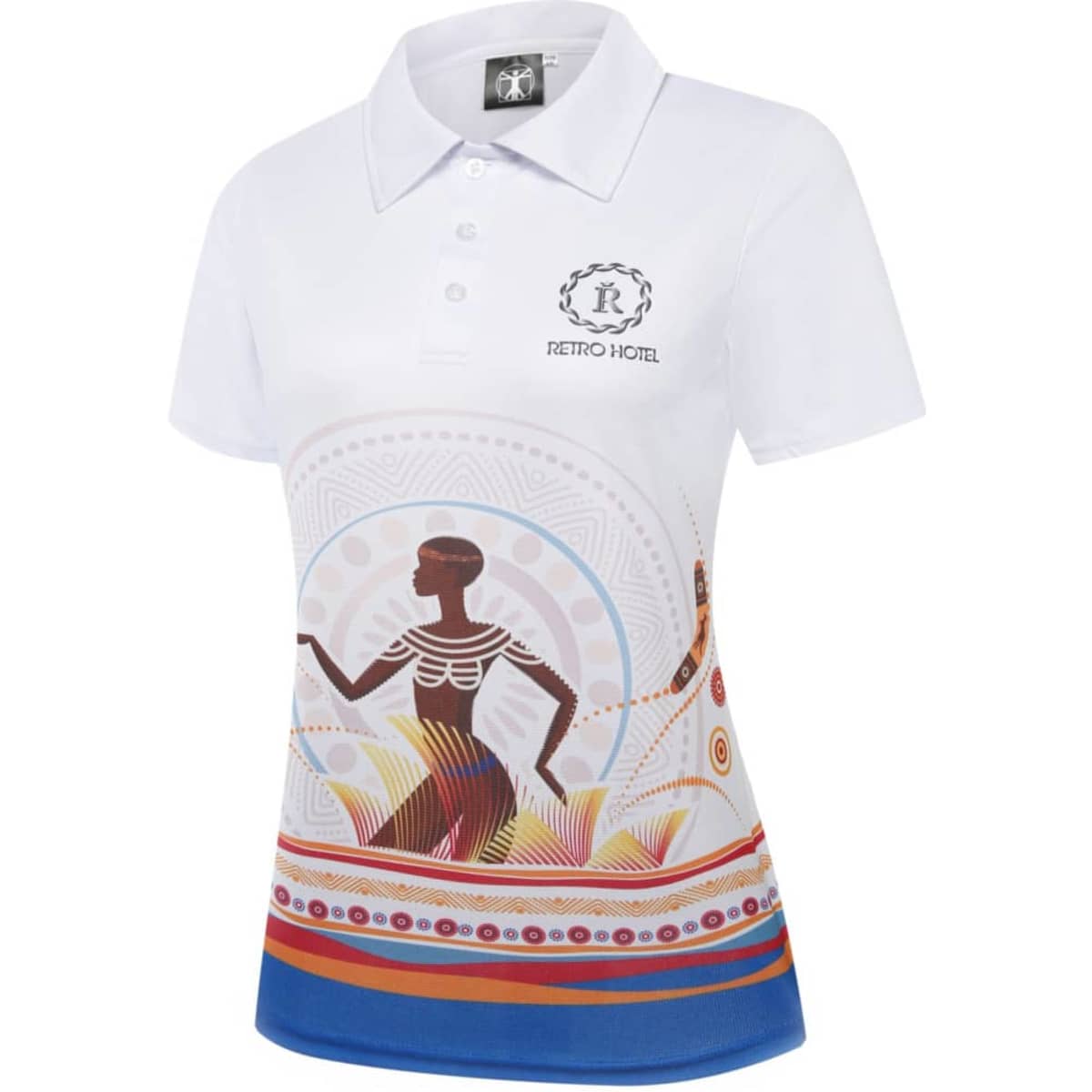 A white polo shirt featuring vibrant multi-coloured designs and a logo on the chest.