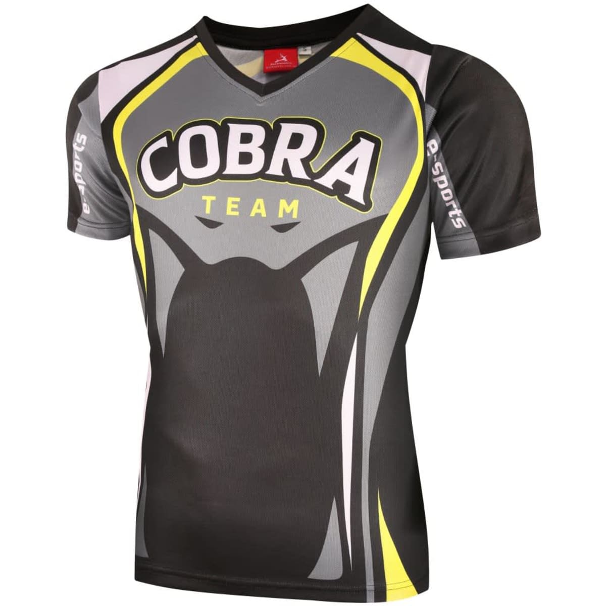 A black and grey esports jersey with yellow accents, featuring a logo on the front.