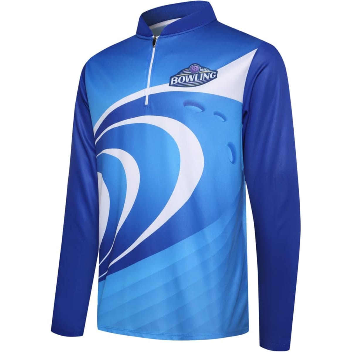 A long-sleeve lawn bowling uniform featuring a blue gradient design with a white swirl pattern and a logo.