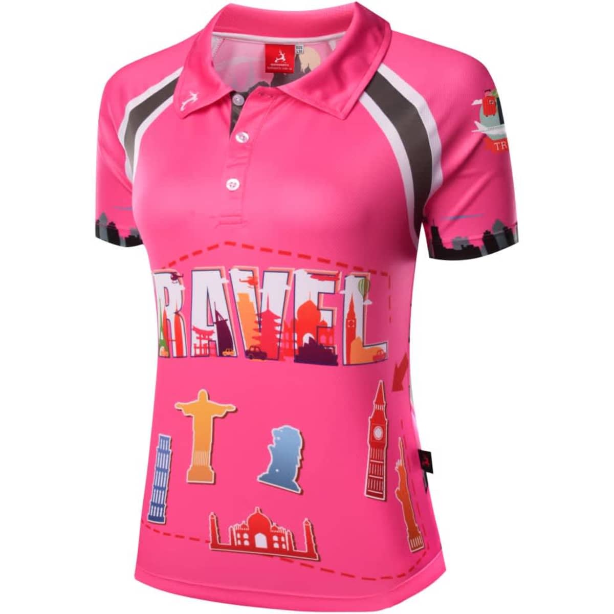 A pink polo shirt featuring various travel-themed graphics and a logo. It has short sleeves and a collar.