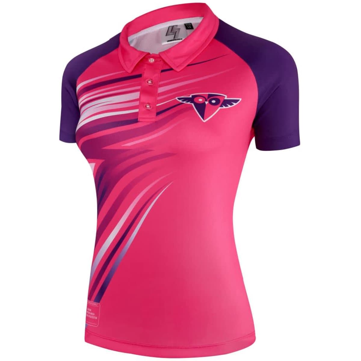 A women's polo featuring a smaller collar, predominantly pink with purple sleeves and a branded logo.