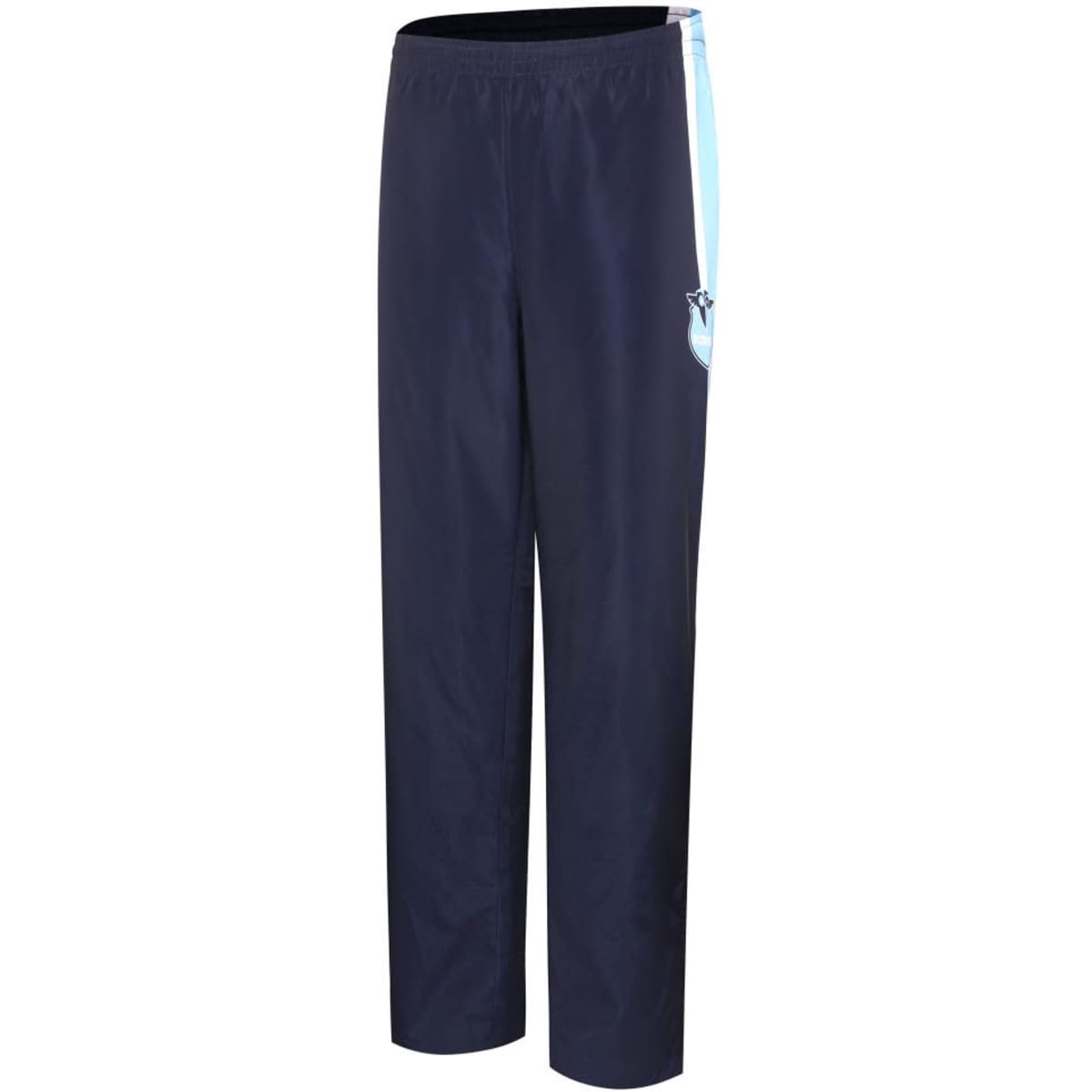 Navy pants featuring a zip bottom lining and a logo, designed for comfort and style.
