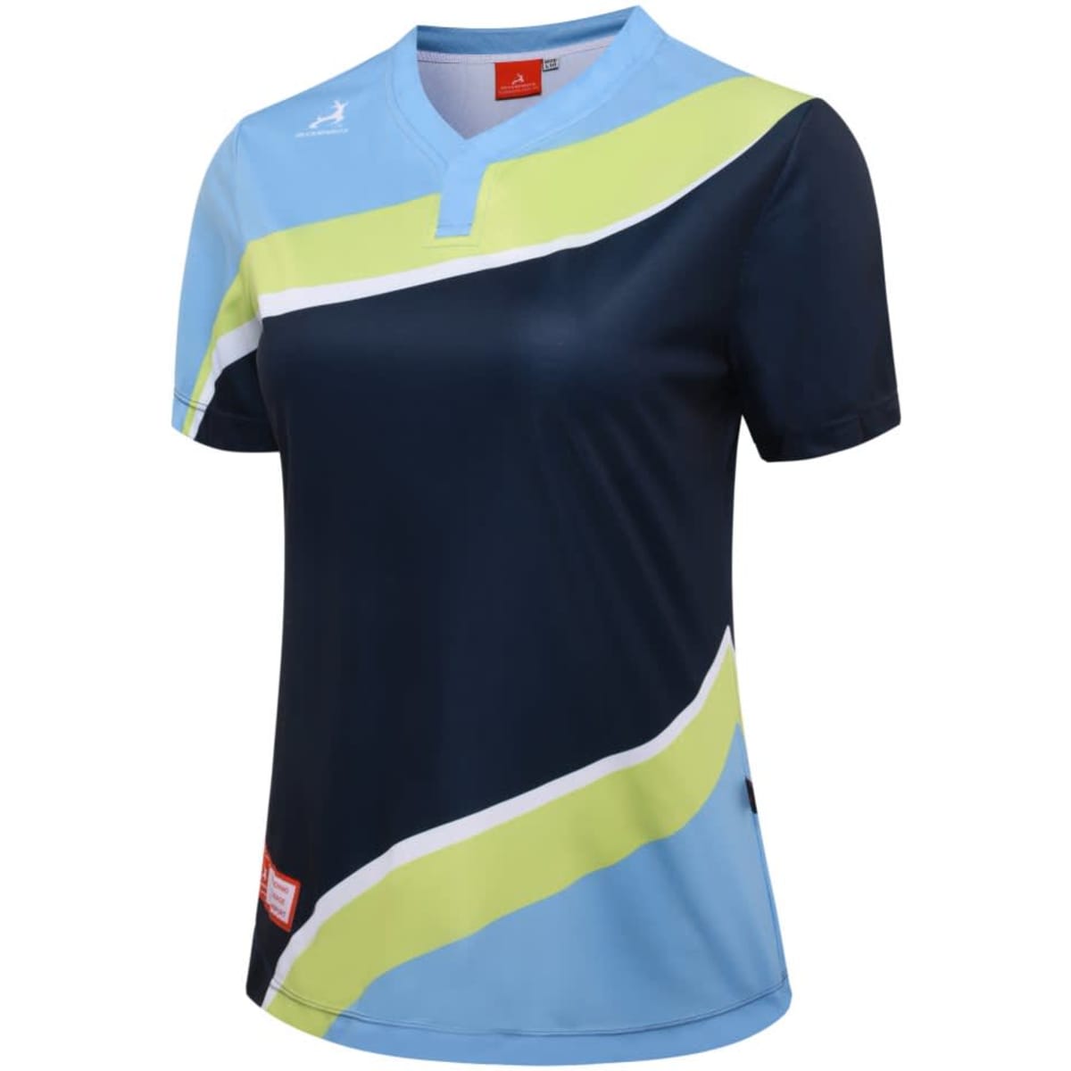 A blue and navy women’s shirt with a vibrant green and white design, featuring a logo on the front.