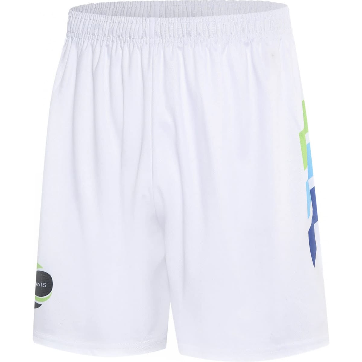 A pair of white tennis uniform shorts featuring a logo and colourful geometric design on the side.