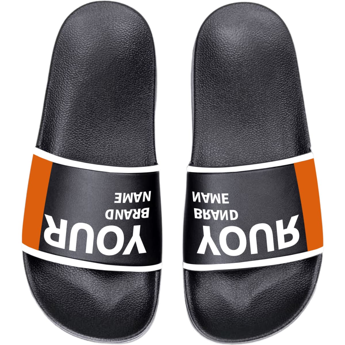 A pair of black slippers with a wide strap featuring a logo and text in white and orange.