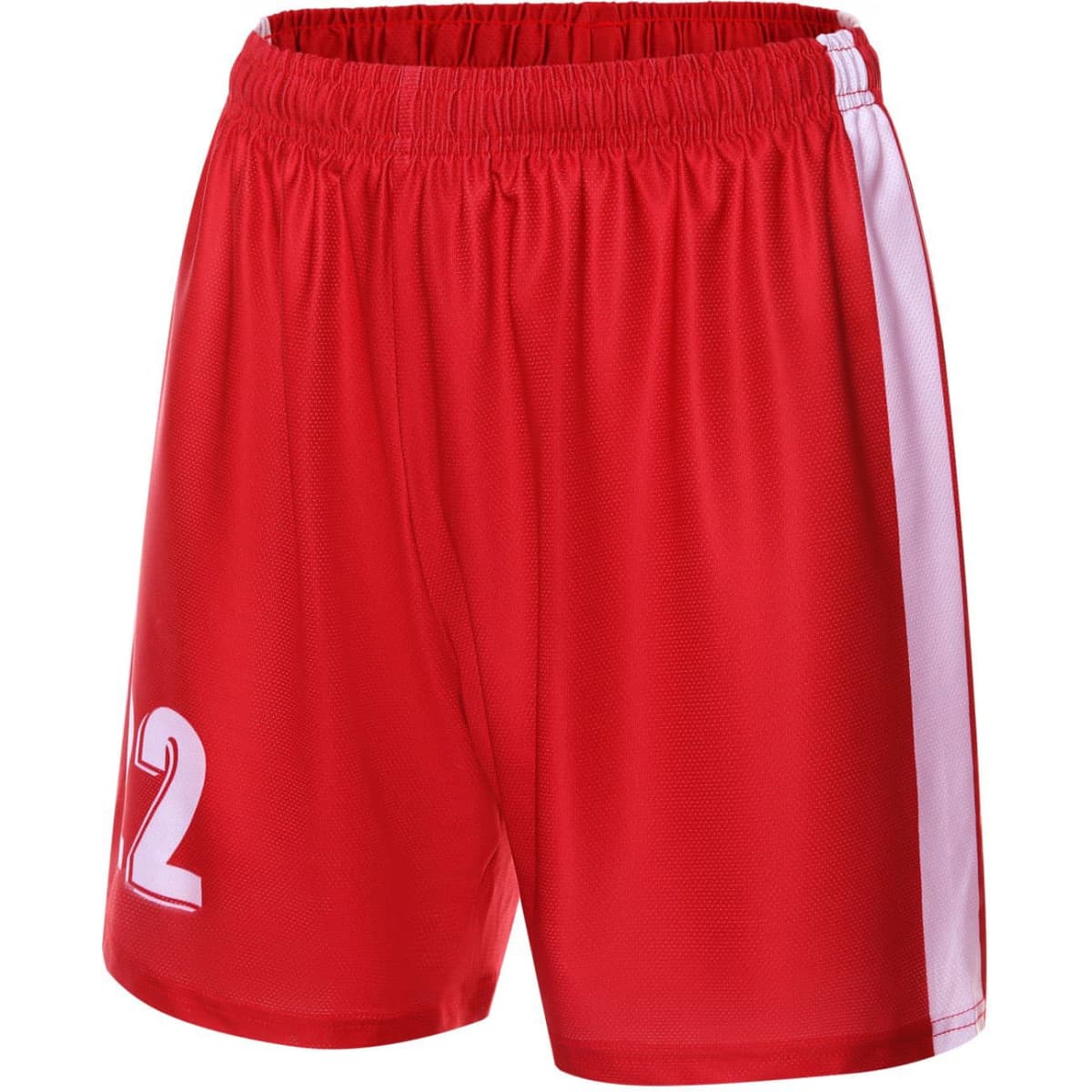Red women's soccer uniform shorts with white side panels and a number on the front, featuring an elastic waistband.
