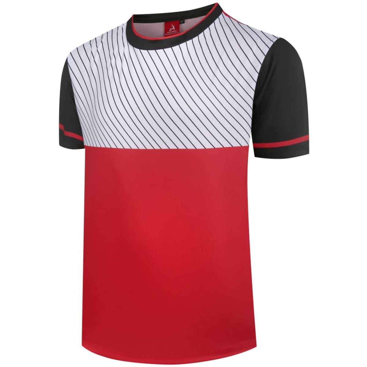 A red and black custom sportswear T-shirt with a striped white and black design on the upper half. It has a logo.