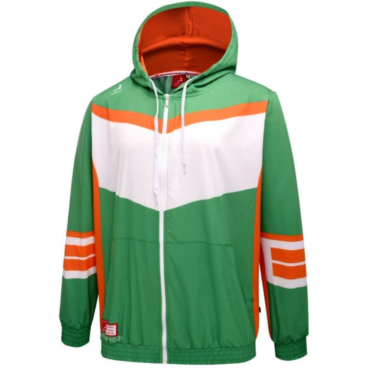 A water-repellent hoodie in green with white and orange accents, featuring a hood and zip front. It has a logo.