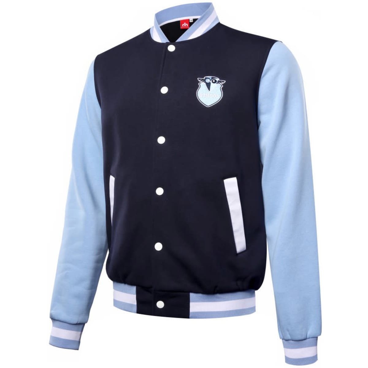 A collegiate jacket featuring a navy body, light blue sleeves, and a front logo. It has ribbed cuffs and hem.