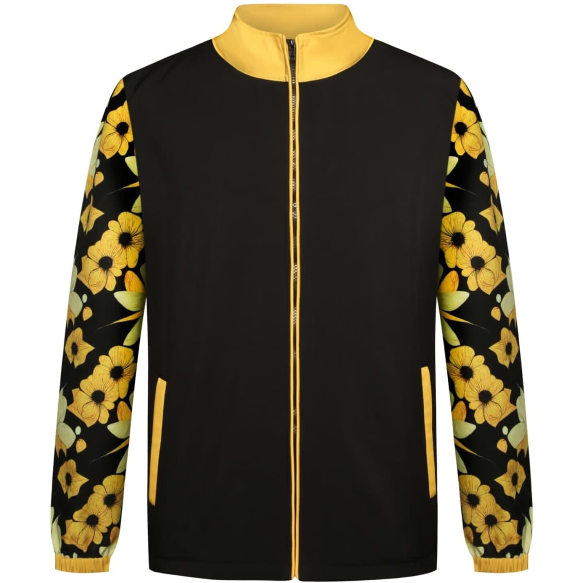 A softshell jacket in black with yellow floral pattern sleeves and a yellow collar, featuring two front pockets and a logo.