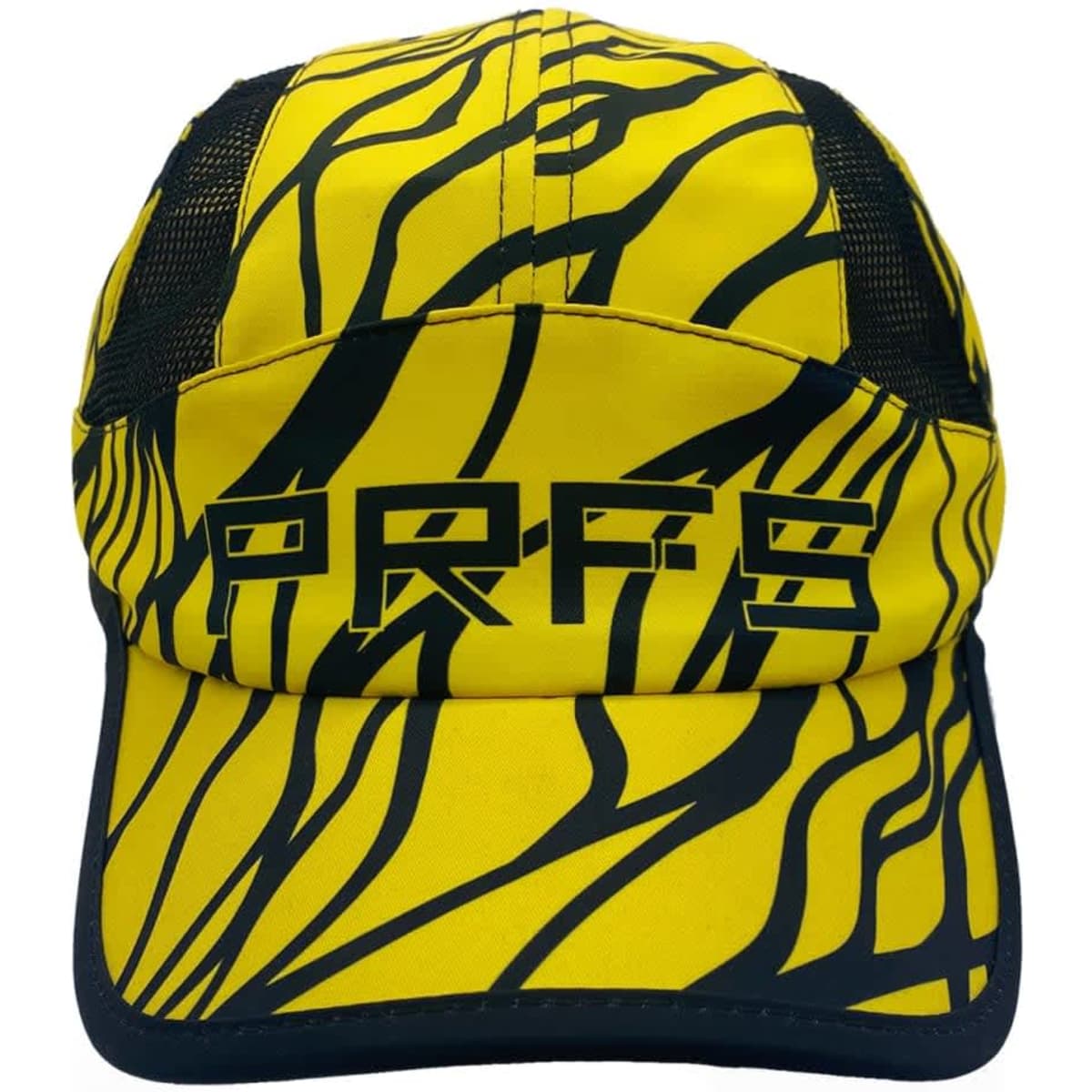 A yellow and black cap with a patterned design and a logo on the front. Features mesh panels for breathability.
