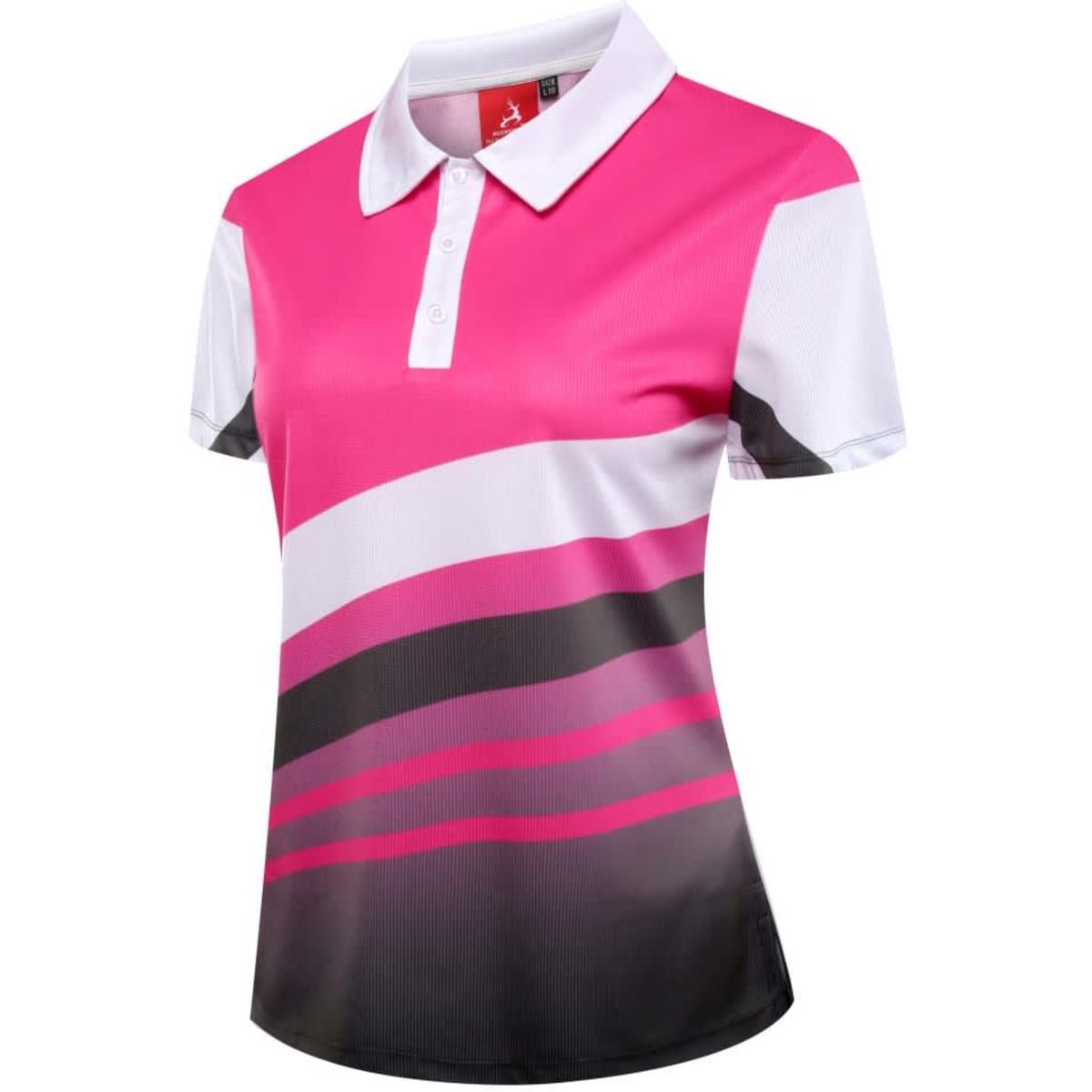 A women's polo shirt featuring a vibrant pink, white, and black design, with a logo on the upper left side.