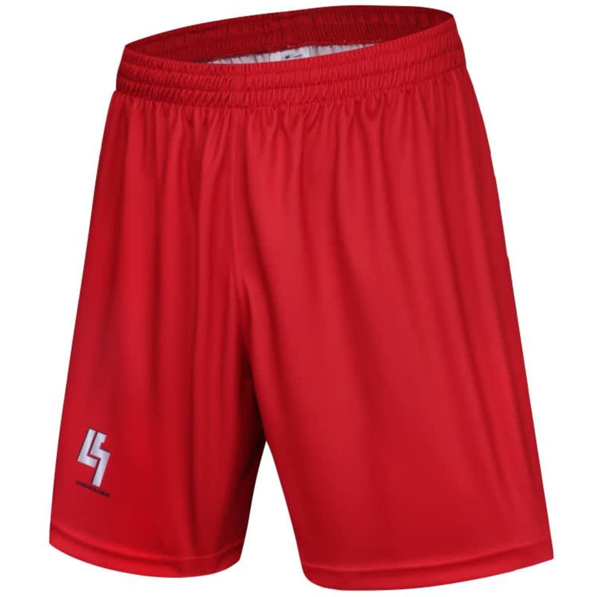 Red uniform shorts featuring an athletic design and a logo on the side.