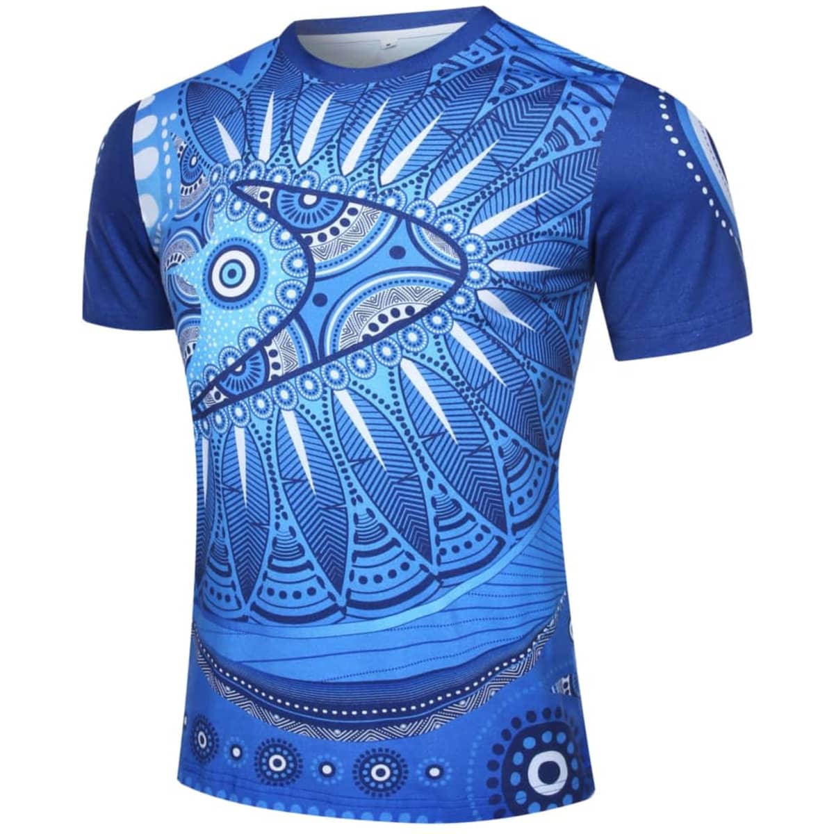 A blue Aboriginal cotton T-shirt featuring intricate patterns and designs, with a logo. Perfect for casual wear.