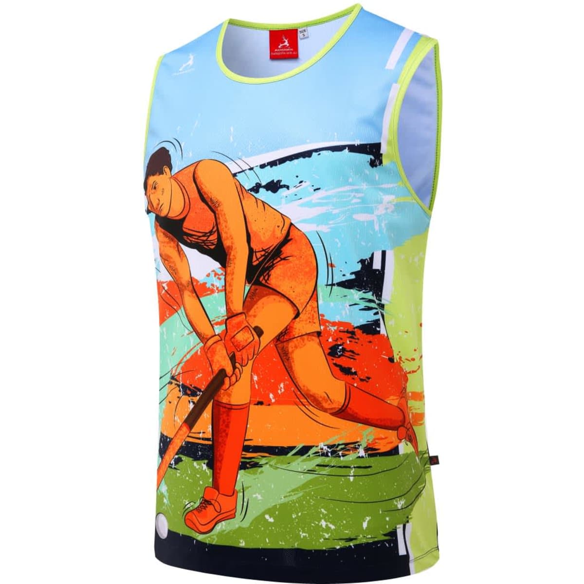A sleeveless sports shirt featuring an orange and blue design with a field hockey illustration. It has a logo on the collar.
