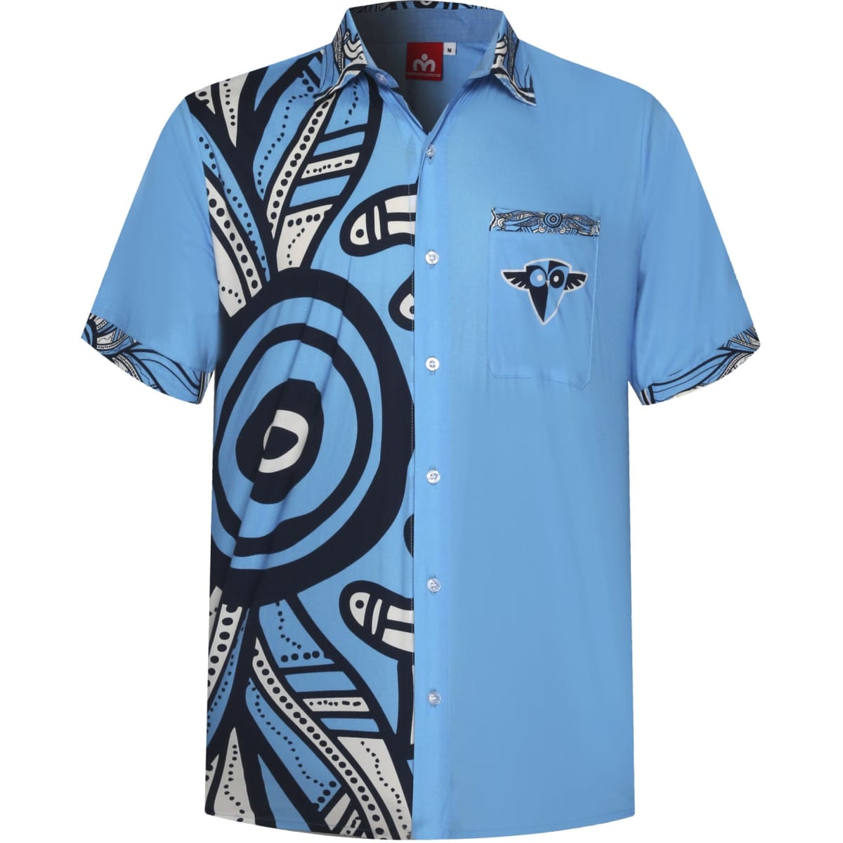 A short-sleeved shirt featuring contrasting blue shades with Aboriginal-inspired patterns and a logo on the pocket.