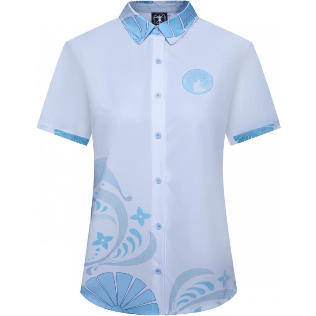 A light blue shirt featuring decorative patterns and a logo, with a contrasting patterned collar.