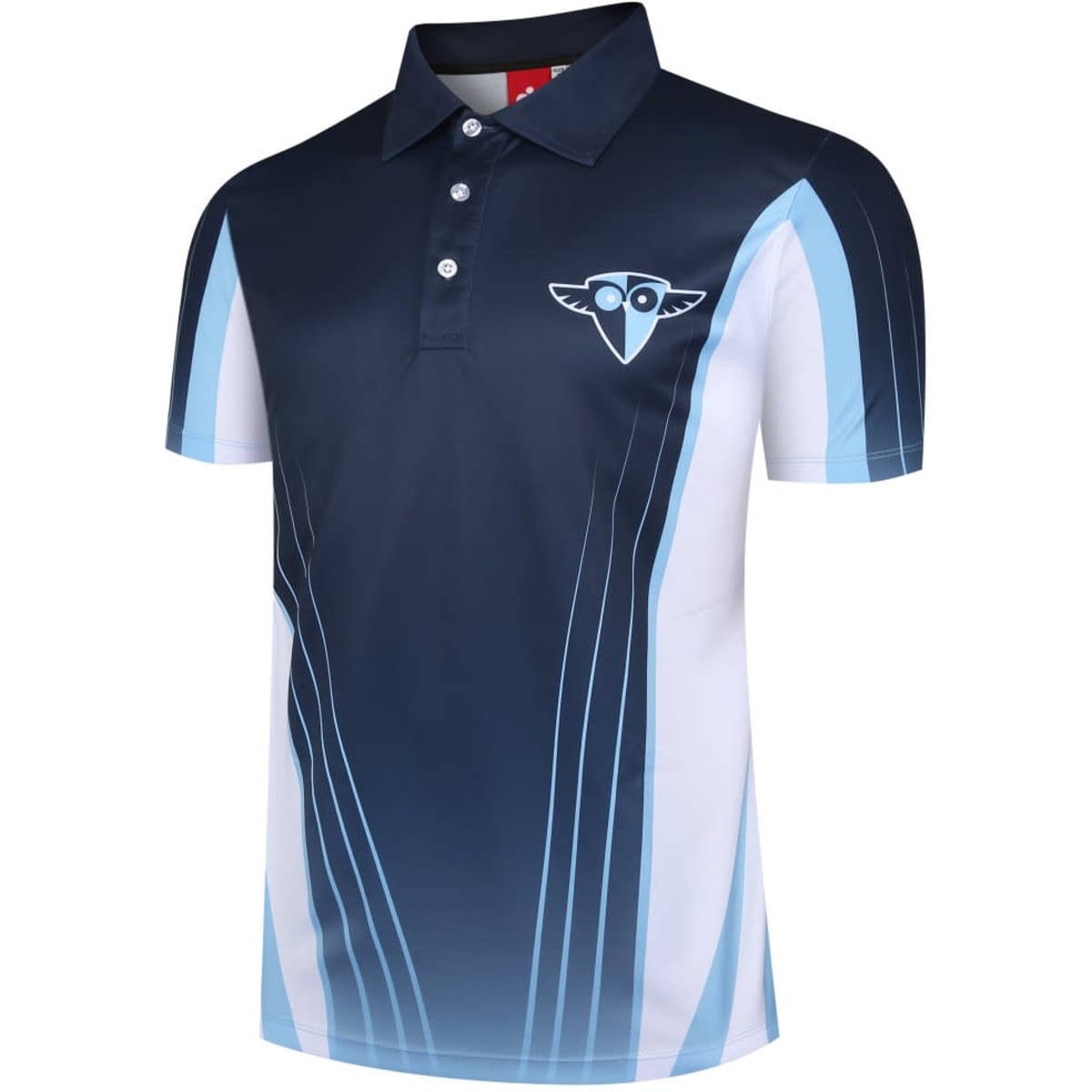 A navy and light blue polo shirt featuring a logo on the chest and a stylish design with varying shades.